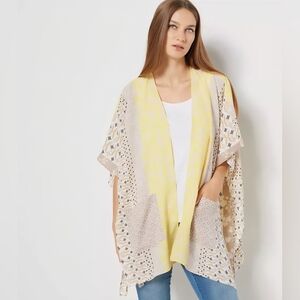 Susan Graver Oversized Yellow Black Print Open Front Kimino Cardigan S
